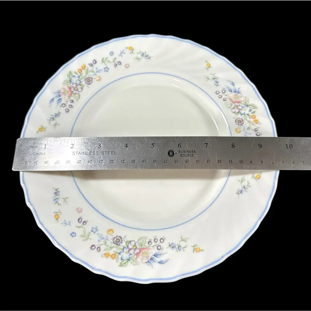Vintage Arcopal France Victoria Floral Dinner Plate 9.5” Milk Glass Blue Trim